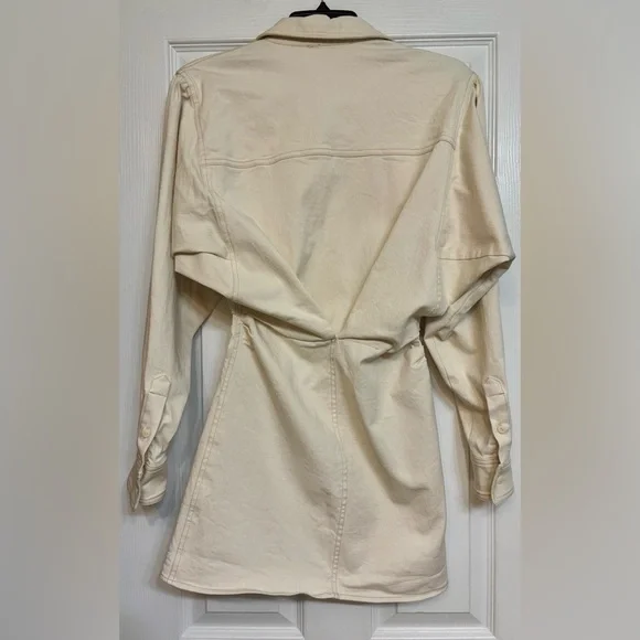Zara long sleeve mini ivory cream ecru denim shirt dress with ruched detail. S - Picture 4 of 6